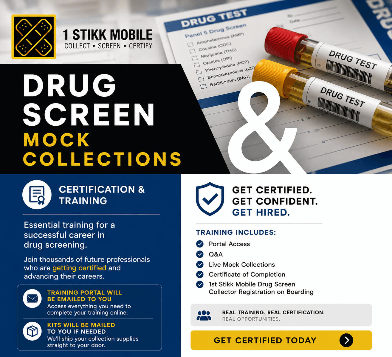 1 Stikk Mobile drug screen mock collections training graphic with portal, kit, and observation details